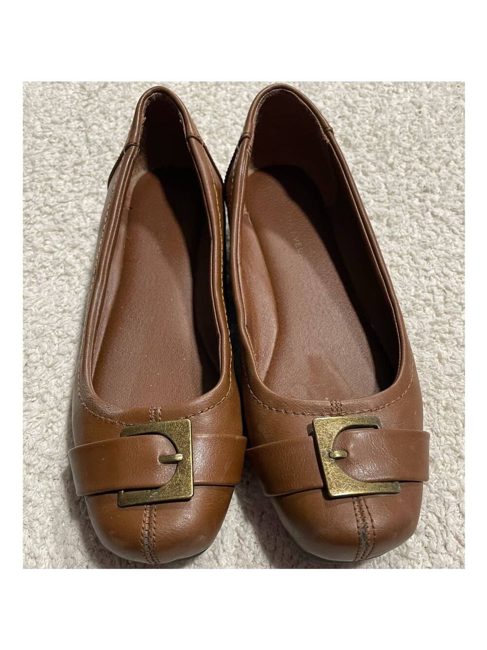Wear Ever Women's Size 7 M Slip On with Buckle Low Wedge Flat Shoes Brown